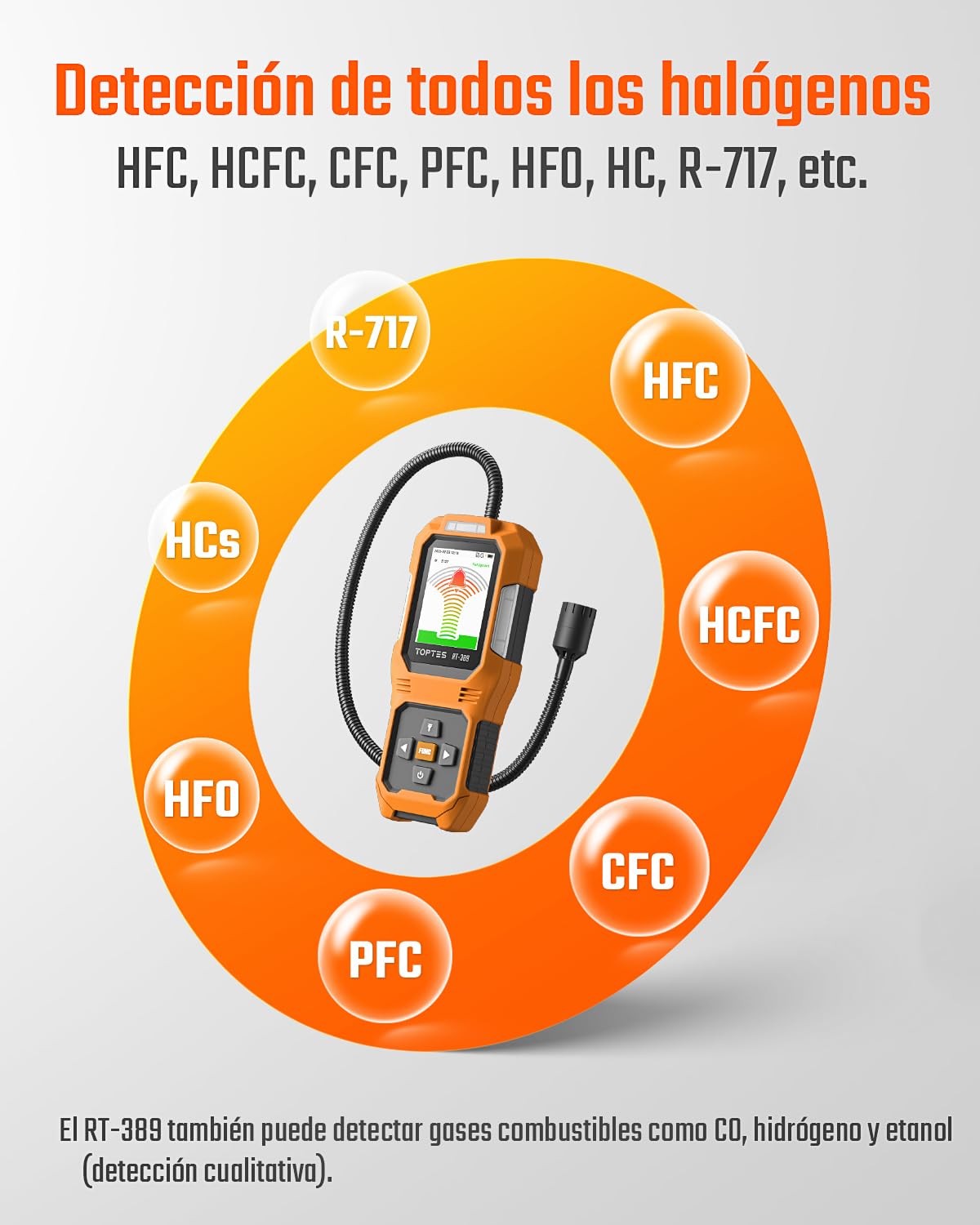 TOPTES RT-389 Detector de Fugas de Refrigerante Recargable, Detector de Fugas de Freón con 3 Modos de Sensibilidad y 3 Tipos de Alarma, para CFC HCFC HFC HFO HC para Coche, Hogar e Industria – Naranja