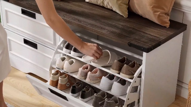 FATORRI Shoe Storage Bench with Flip Drawer, Wooden Entryway Shoe