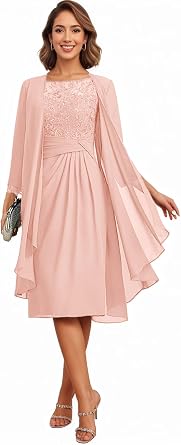 2 Pieces Mother of The Bride Dresses for Wedding Lace Applique Chiffon Knee Length Formal Dress for Women with Jacket