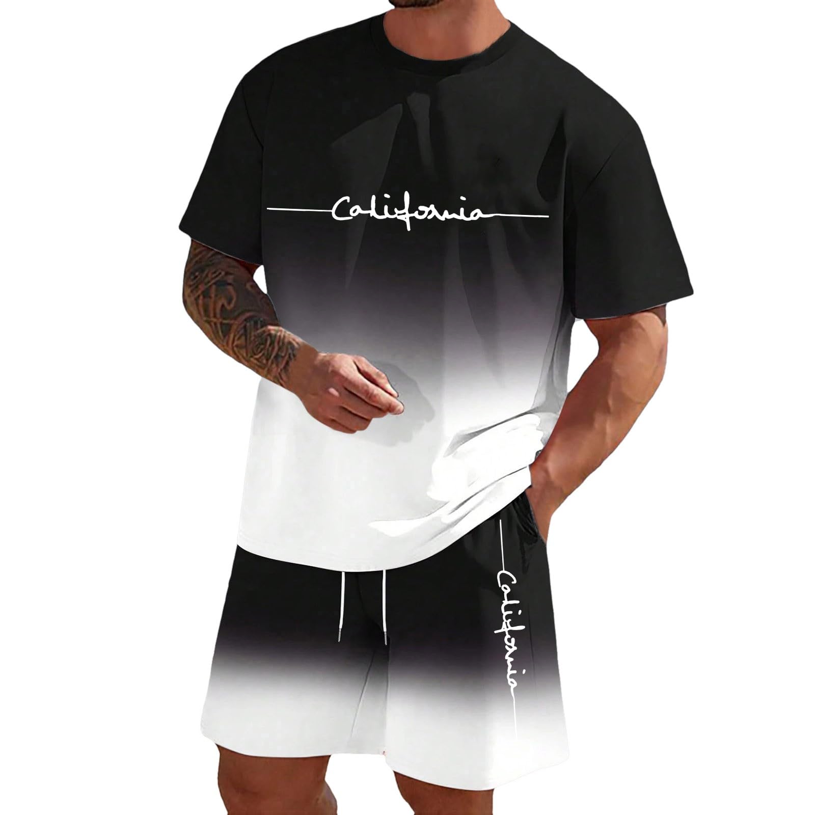 Ensemble Jogging Homme Court Ete Ensemble Baggy 2 Pièce Décontracté T-Shirt à Manches Courtes Imprimé Lettrage et Short avec Cordon Respirant Survetement Plage Piscine Loungewear