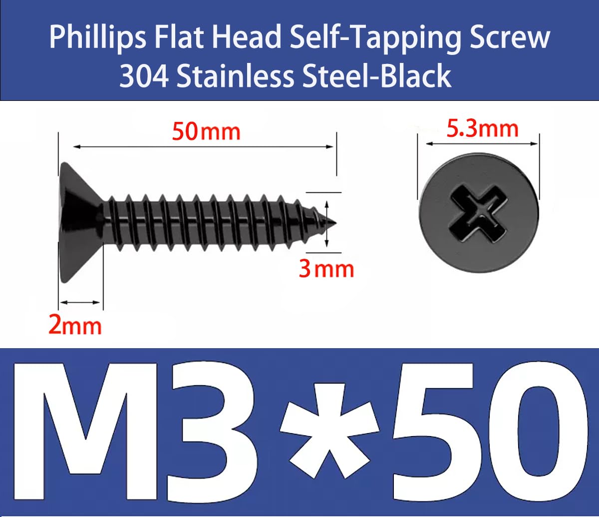 EBAIJQUO M3x50mm Phillips Flat Head Wood Screws Black Xylan Coated 304 Stainless Steel Self-Tapping Screws Full Thread for Wood/Sheet-Metal/Plasterboard(50pcs) - Image 2