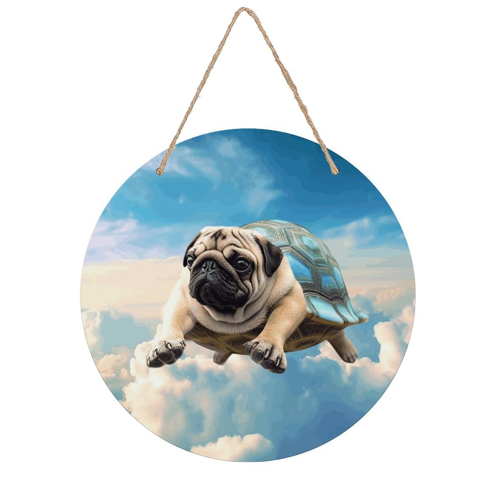 VstaDank Funny Turtle Pug Dog in The Sky Wall Art Decor with Ropes Wooden Hanging Sign Hanging Wall Decor Artwork Round Wood Painting Modern Wall Prints Decor Picture for Office Bar Home Decors