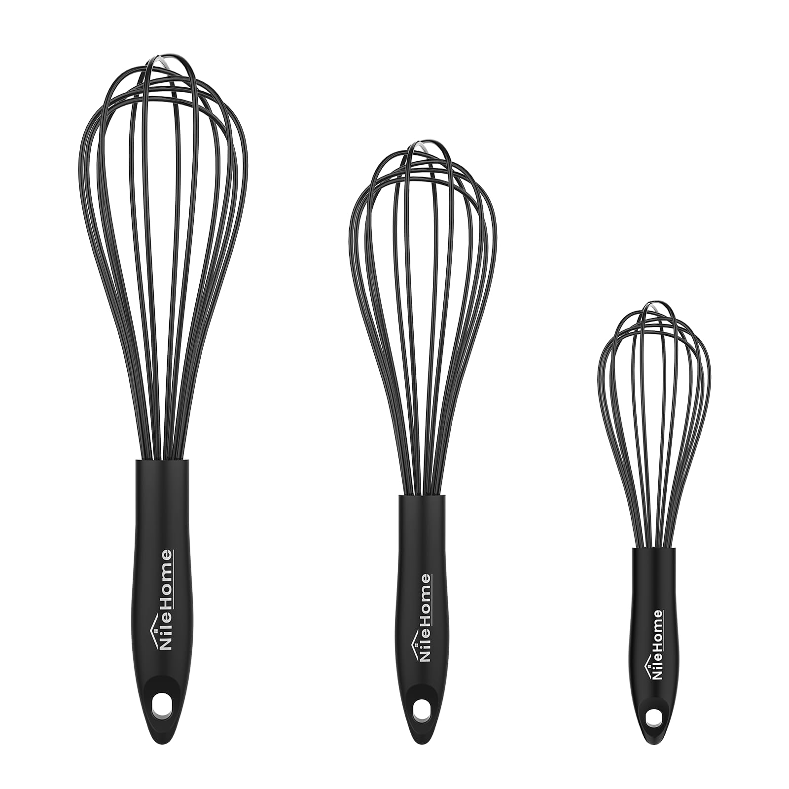 NileHome Silicone Whisk Set 8" 10" 12" Kitchen Whisk Kitchen Wisk Wire Whisks for Cooking, Whisking, Blending, Beating, Stirring-Black 3 Pack