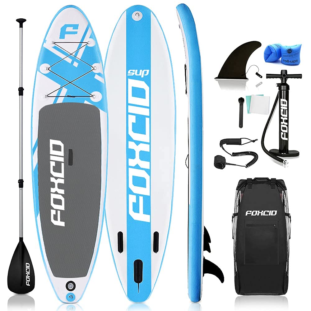 FOXCID Inflatable SUP Stand Up Paddle Board with Premium SUP Accessories & Backpack, Non-Slip Deck, Carry Bag, Leash, Adjustable Paddle and Hand Pump