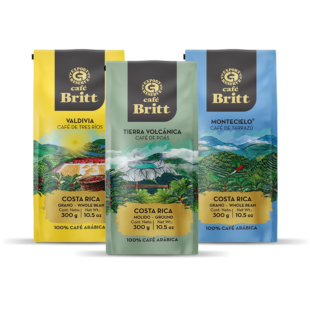 Café Britt® - Zestaw Kaw z Kostaryki (12 oz.) (3-Pack) (Pochodzenie: Tarrazú, Tres Ríos & Poás) - Mielona, Arabica, Koszerna, Bezglutenowa, Gourmet, Średnio Jasno i Ciemno Palona