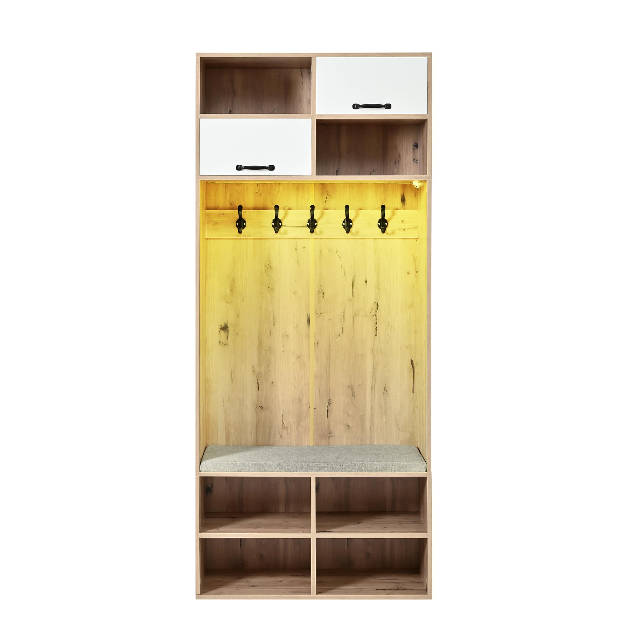 Garderobenset, Komplett-Set Flurgarderobe mit Sitzbank, 5 Haken, 2 Türen & 6 Offener Lagerraum - Naturholzfarbe und Weiß, 80×185×35 cm