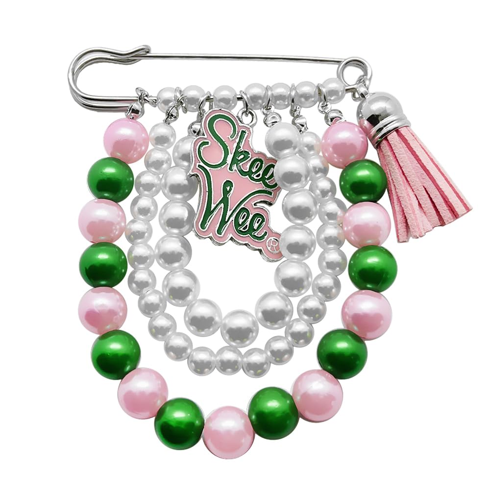 ALPHA Sorority Imitation Pearl Tassel Brooch With SKEEWEE Enamel Letter Charms Pink Green Beads Chain DIY Pin For Sorority Women