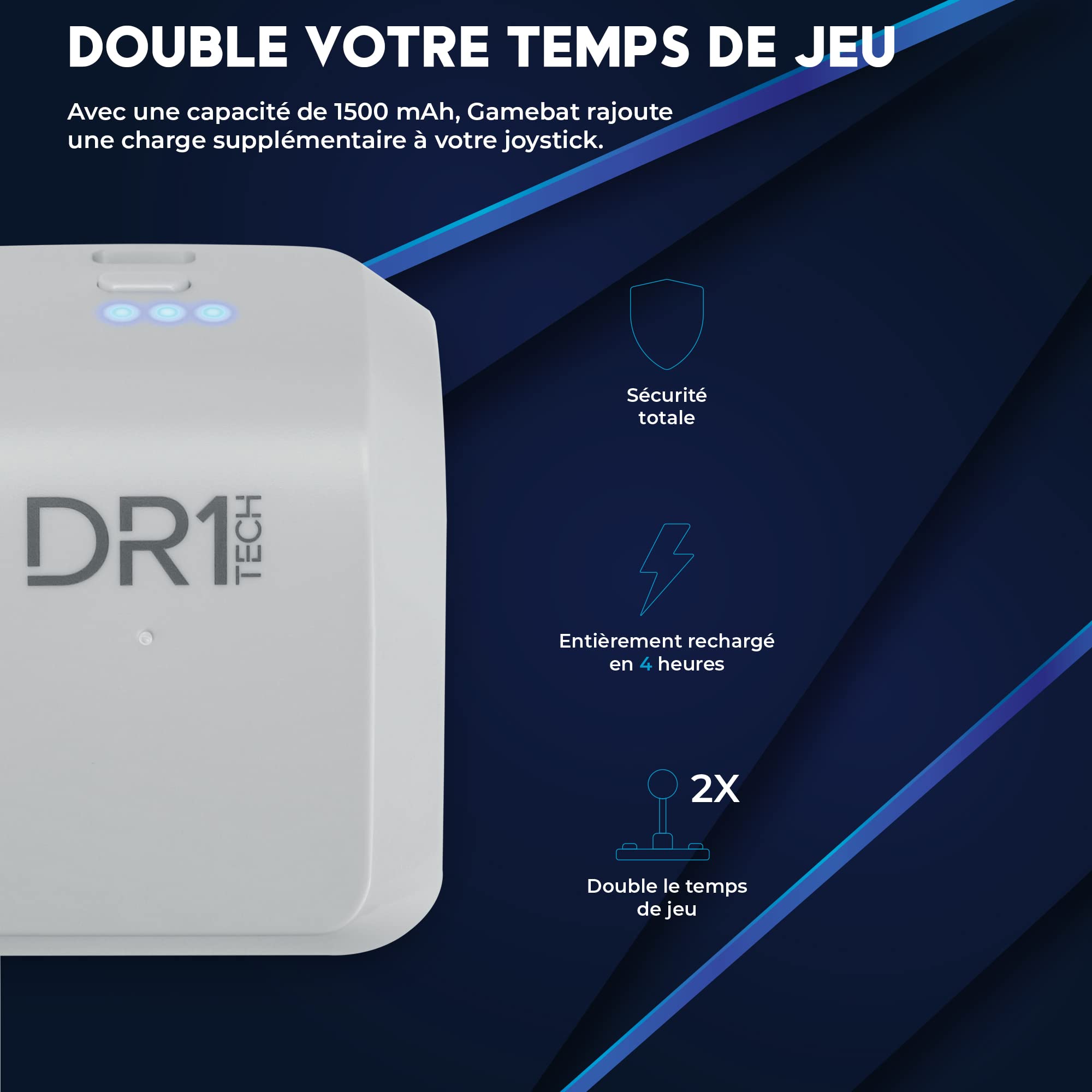 DR1TECH GameBat Batterie Pour Manette Dualsense PS5 1500 Mah Ergonomique [Blanc] | Double Ton Temps De Jeu | Accessoires Pour PS5