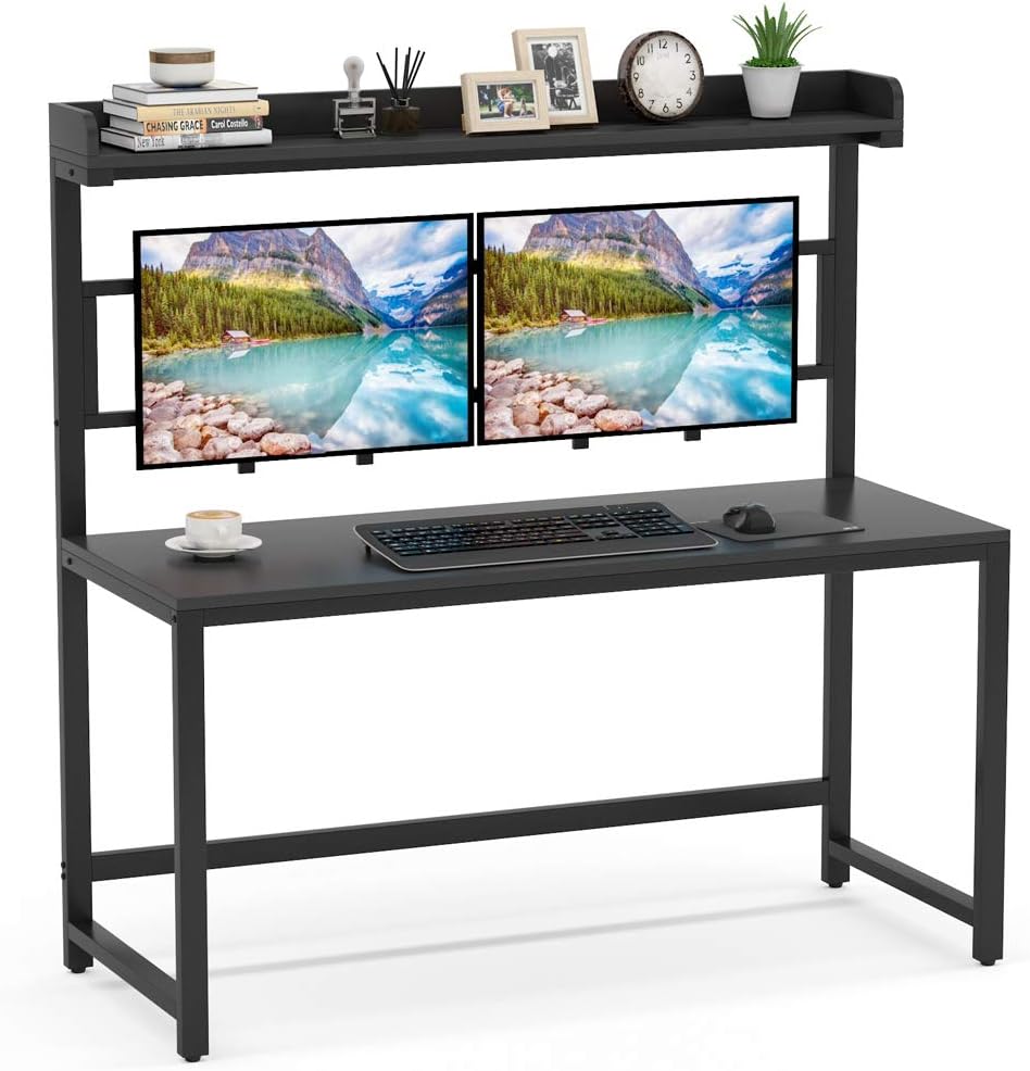 Tribesigns Computer Desk with Hutch, 55 inch Large Modern Home Office Desk Computer Table Studying Writing Desk Workstation with Dual Monitor Mount and Shelf (Black)