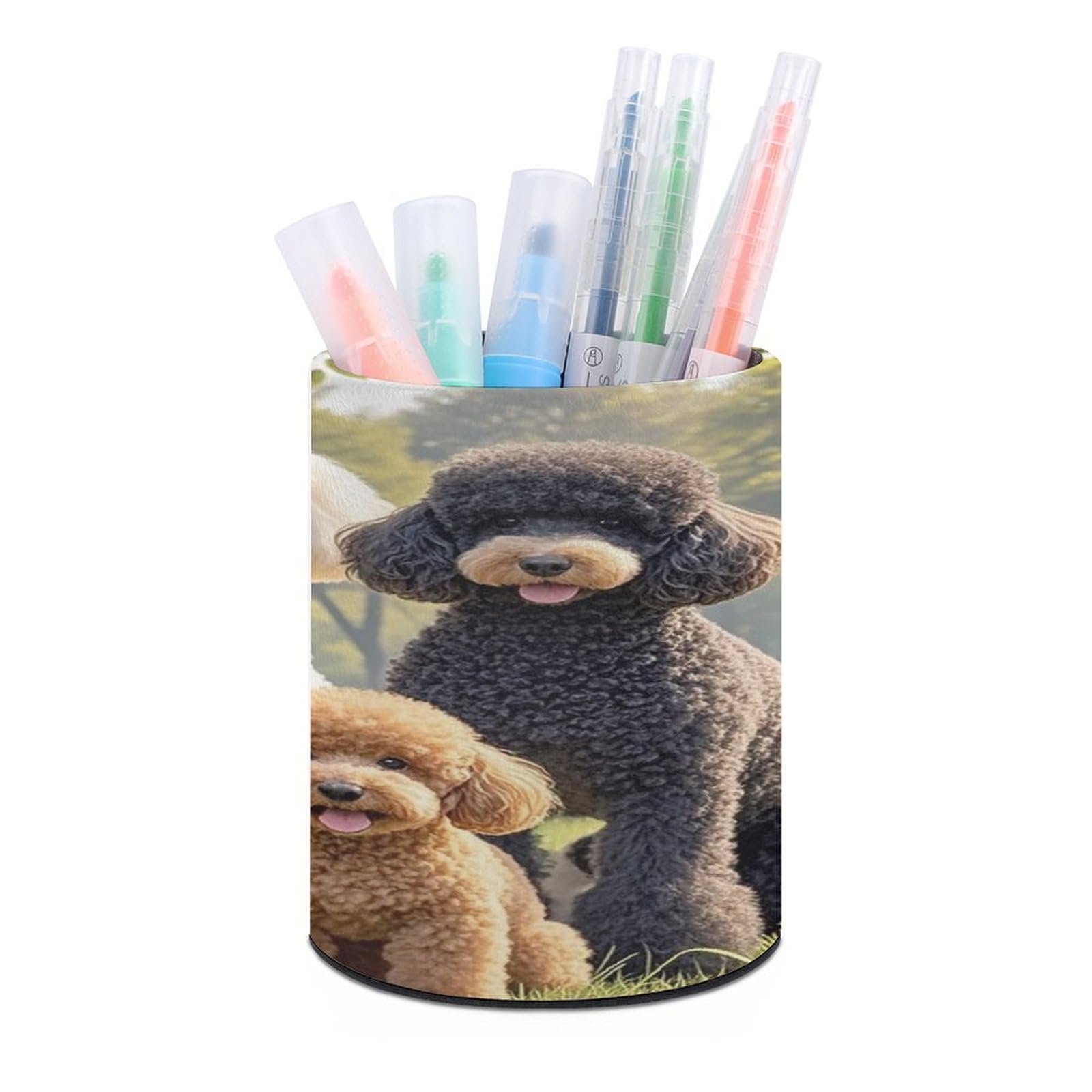 FekiLoot Round Poodles Dogs Pen Holder for Desk PU Leather Waterproof Pencil Cup Stand Minimalist Makeup Brush Storage Organizer Desktop Stationery Container Accessorires