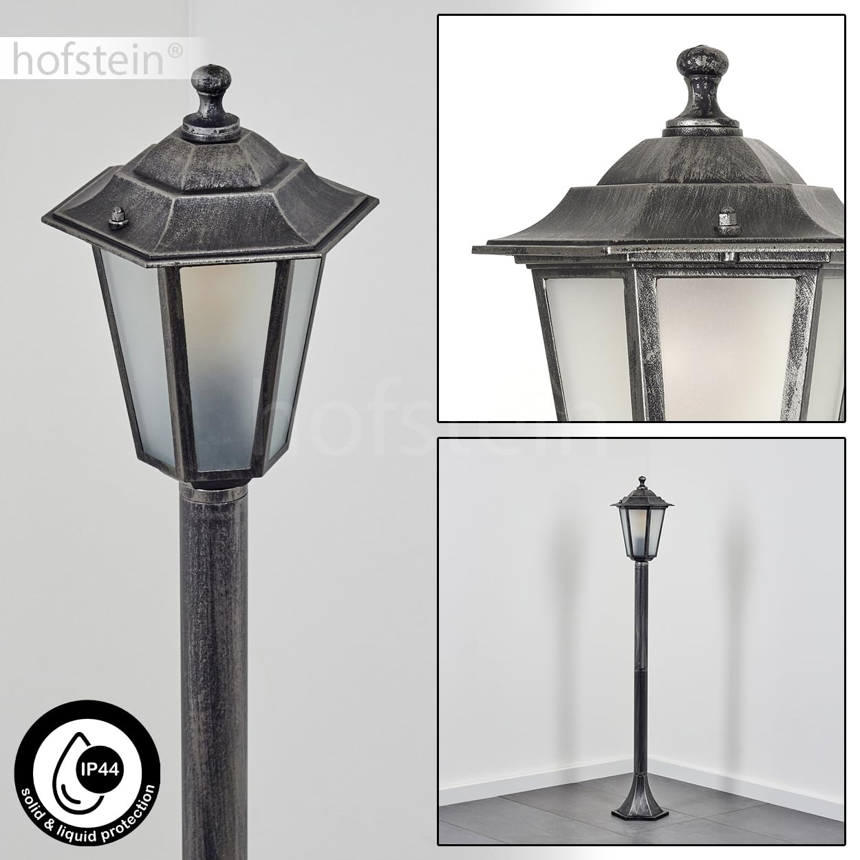 HOFSTEIN Lampa zewnętrzna Loria, oświetlenie ścieżki z metalu/szkła w kolorze czarno-srebrnym/białym, lampa zewnętrzna o wyglądzie antycznym, 99 cm, lampa ogrodowa, oświetlenie ogrodowe IP44, 1 x E27,