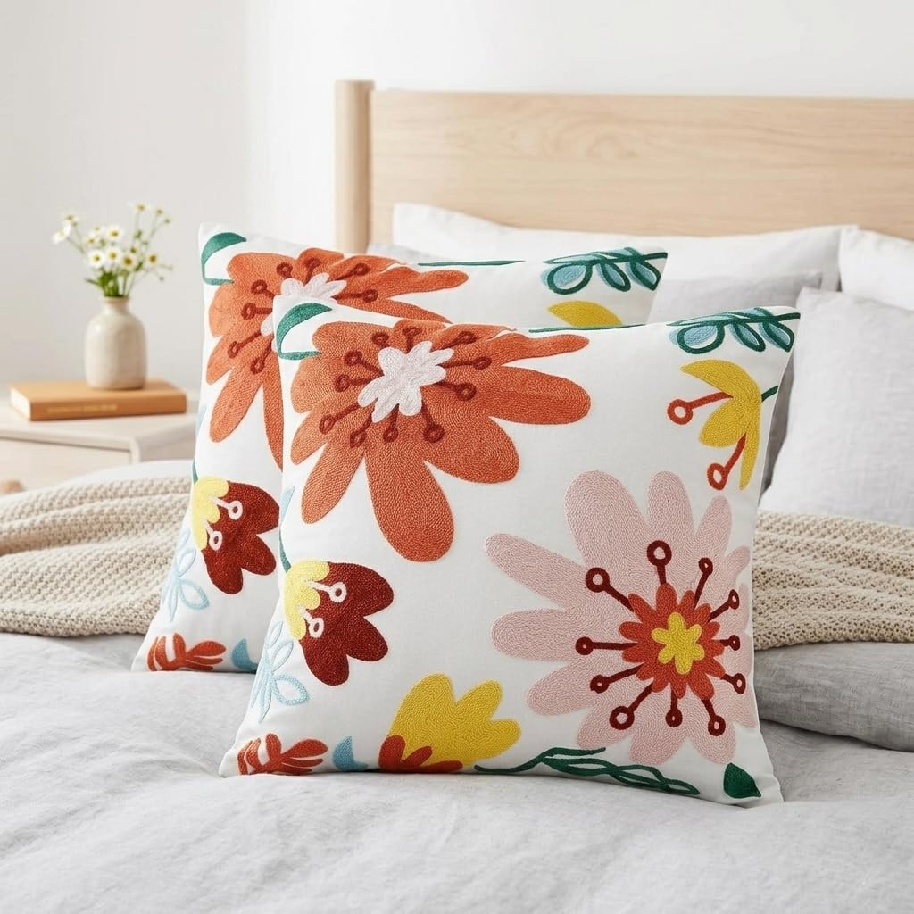 Fundas Cojín 45x45 cm Lote de 2 Bordado Floral Abstracto en Naranja Fundas Decorativas Boho-Chic para Sofá y Salón