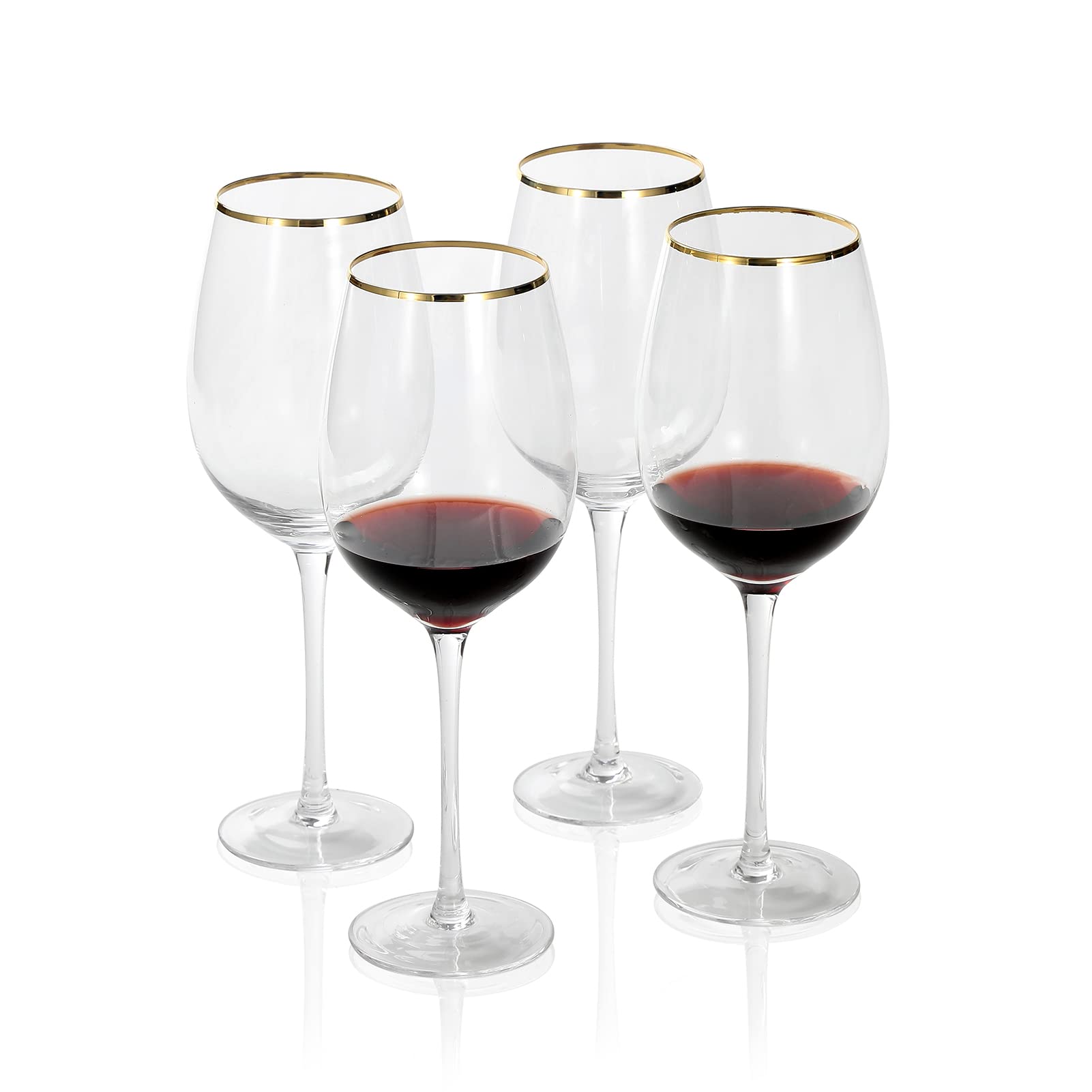 Gold Rim Stemmed Wine Glasses Set of 4, 21 oz. Crystal Clear Glassware with Long Stem for Red and White Wine