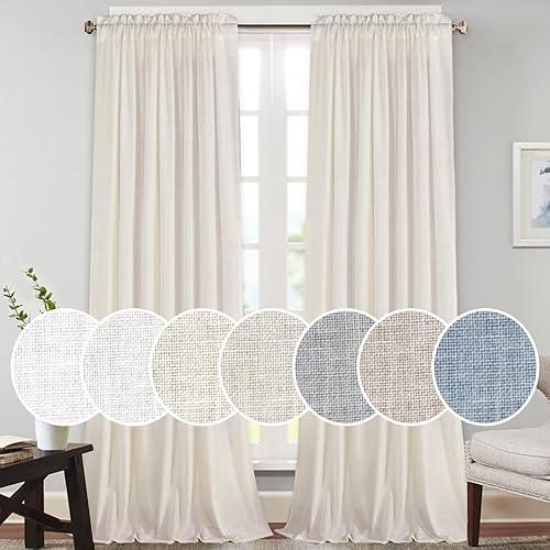 Miniatura 10 de Cortinas de lino natural y rico, semitransparentes para dormitorio, sala de estar o comedor, con bolsillo para barra, cortina de lino con textura