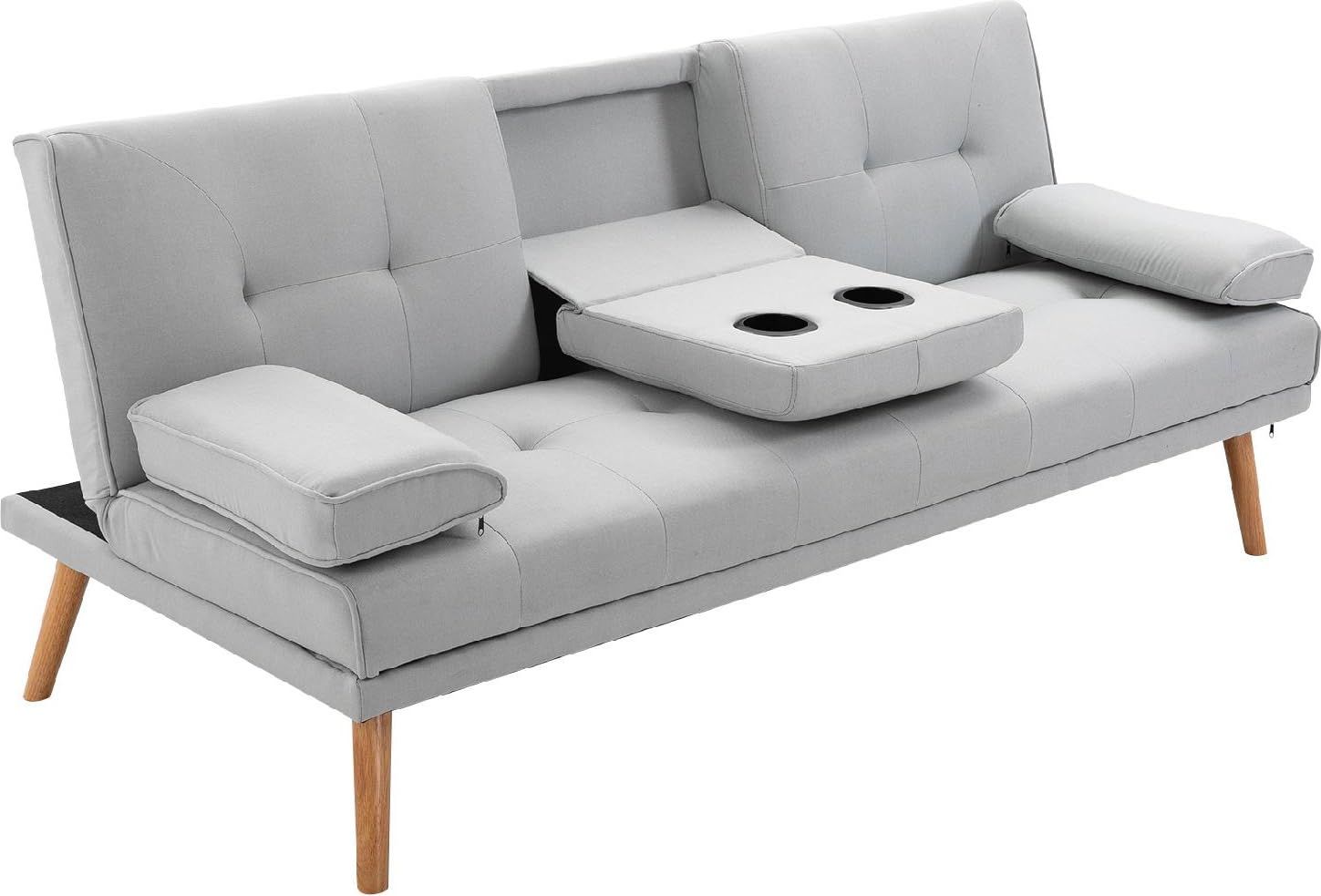 Divano Letto 3 Posti Reclinabile con 2 Braccioli e Tavolino a Ribalta Effetto Lino 181x77x72 cm colore Grigio Chiaro
