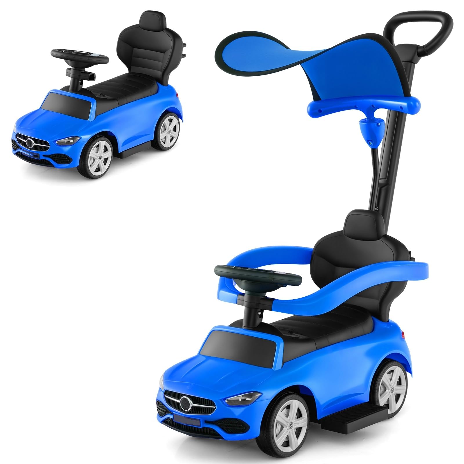 OLAKIDS Push Car for Toddlers 1-3, 3 in 1 Licensed Mercedes Benz Baby Sliding Walking with Parent Control Handle Adjustable Canopy Guardrail Under Seat Storage, Kids Ride on Toys with Horn (Navy)