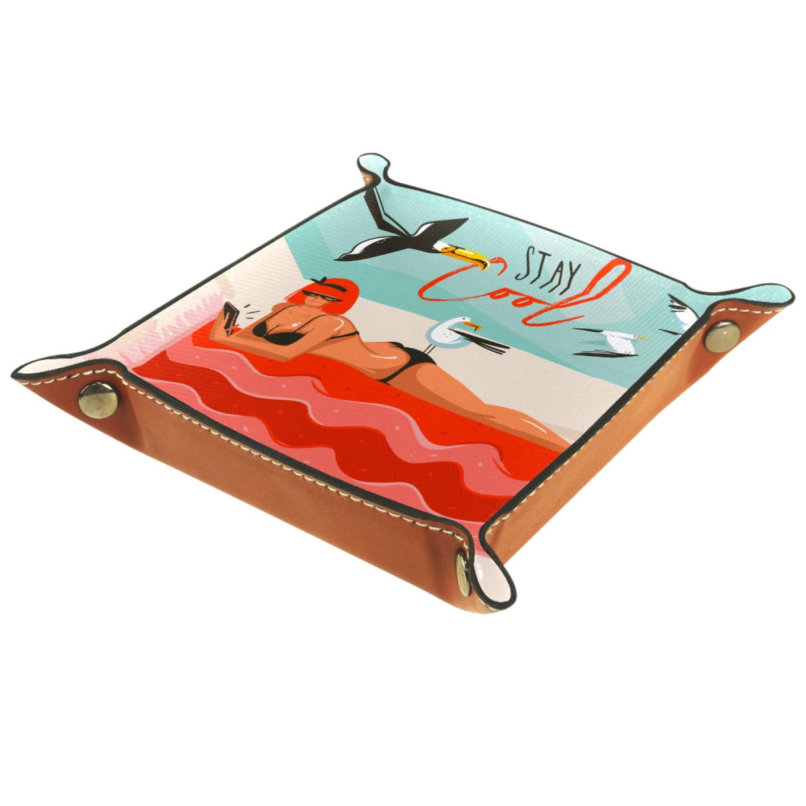 Plateau De Jeu à Dés Pliable En Cuir Carré Pour Bijoux, Montre, Clés, Pièces De Monnaie, Bonbons, Rivière, Montagnes Aquarelle, Soleil