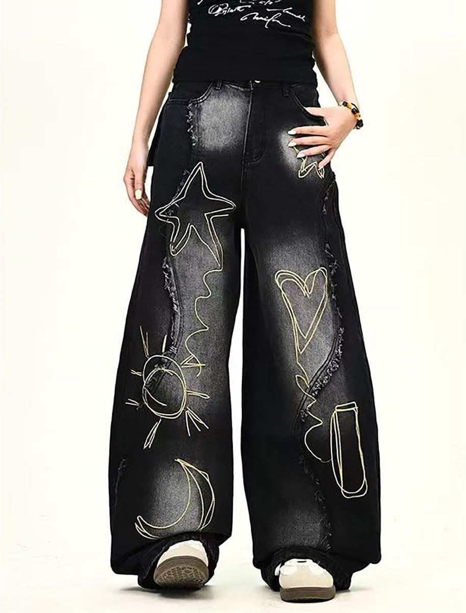 American Women Retro Patchwork Jeans, Stylish and Personalized Star Pattern Design, Loose Y2K Hip-hop Casual Pants