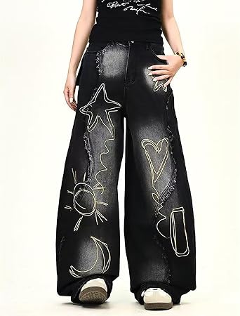 American Women Retro Patchwork Jeans, Stylish and Personalized Star Pattern Design, Loose Y2K Hip-hop Casual Pants
