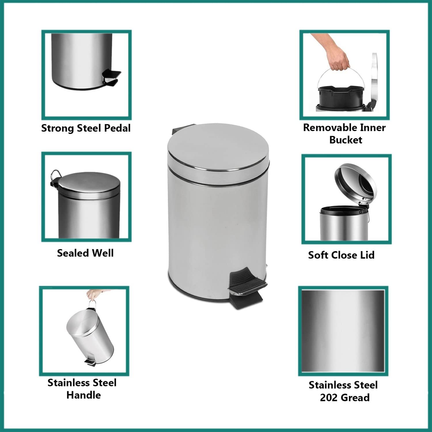 GREATOYAR Cubo de Basura con Pedal de Metal y Acero Inoxidable - Reposapiés Antideslizante para Cocina, Baño, Oficina - 3 Litros, Plata