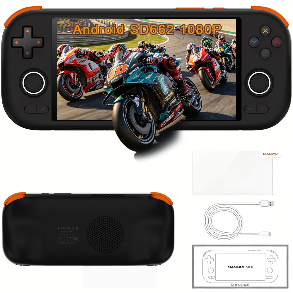 MANGMI AIR X Console di gioco portatile Android, Snapdragon 662, schermo IPS FHD 1080p da 5,5 pollici, 4 GB+64 GB, joystick e trigger RGB effetto Hall, batteria 5000 mAh, Android 14 per giochi retrò e
