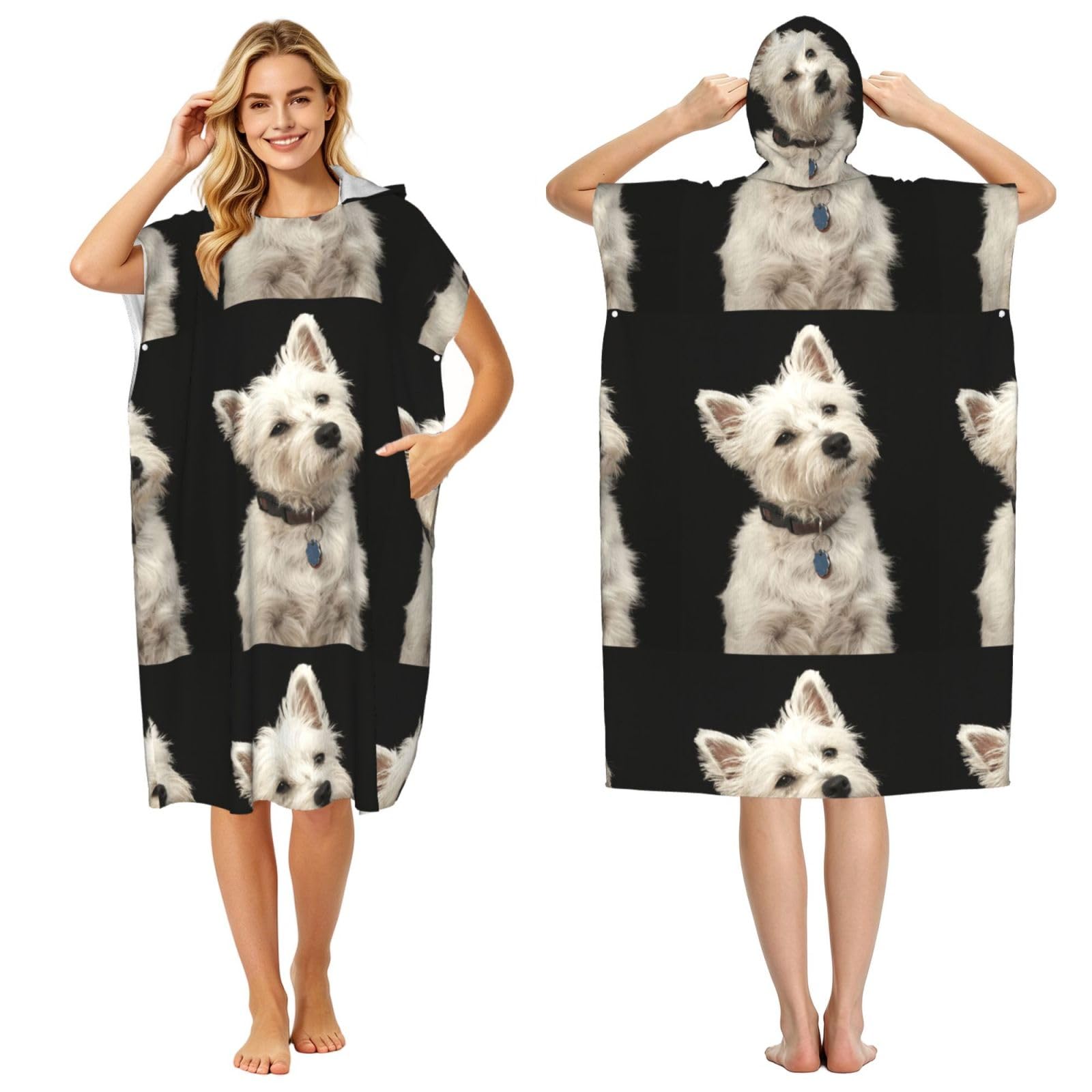 Poadnly West Highland Terrier With Collar, Adult Hooded Beach Towel 90 x 110 cm,Changing Bath Robe, Surf Poncho Towel For Women Men