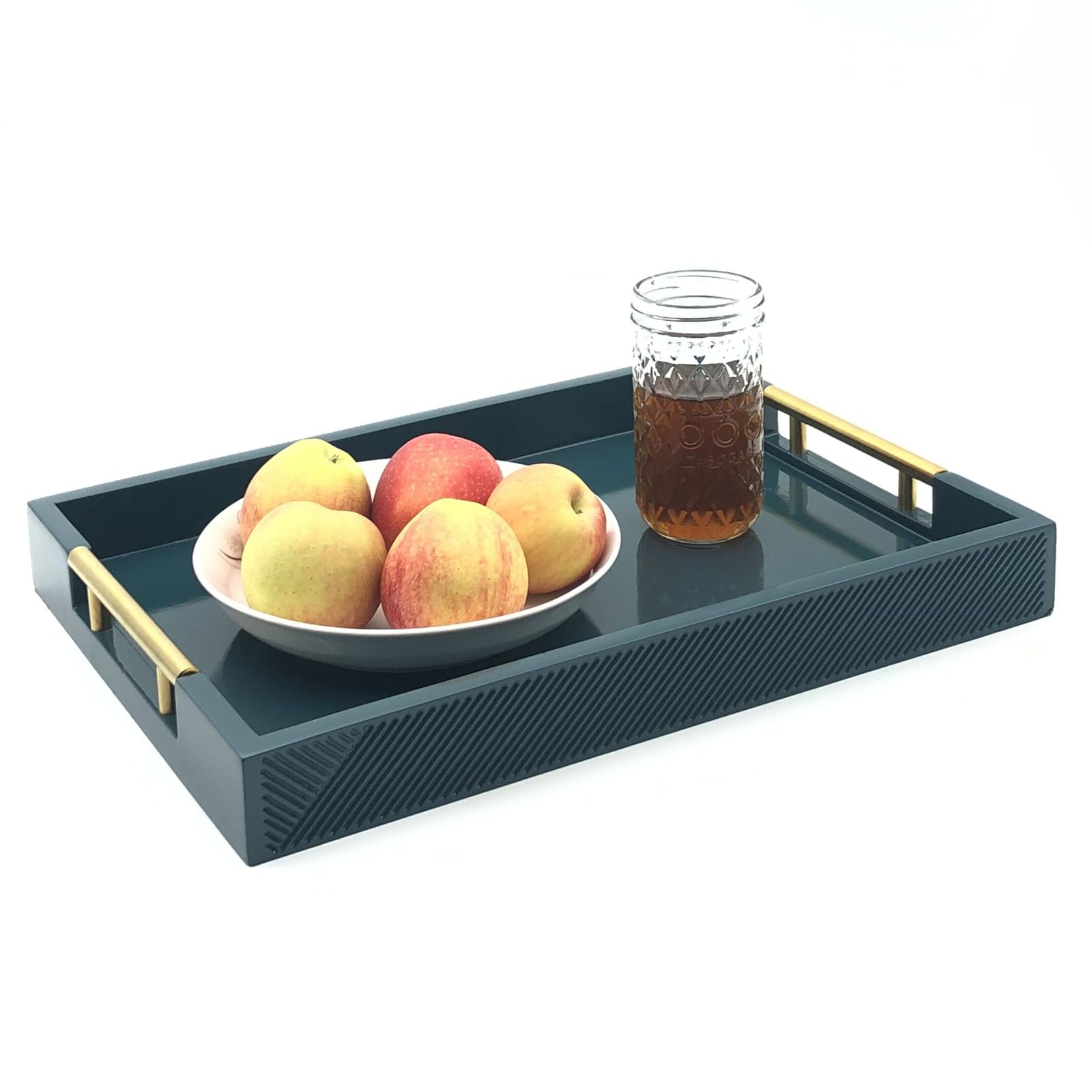 Bandeja para Servir con Asas de Metal Pulido, Bandeja Rectangular de 16.5 x 12 Pulgadas, Bandeja Decorativa Moderna, Bandeja otomana Grande, Almacenamiento y exhibición (Verde Azulado)