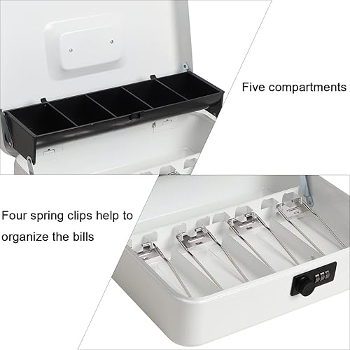 Miniatura 5 de Parrency Caja de efectivo con cerradura de combinación,Caja de metal duradera con bandeja de dinero,Caja de seguridad de almacenamiento seguro con