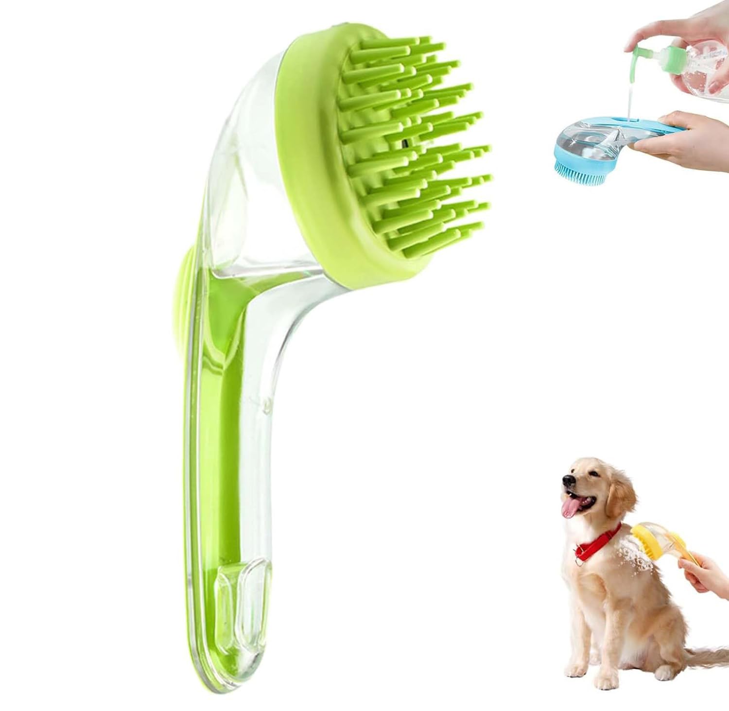 Pet Bath Brush with Soap Dispenser, Pet Grooming Bath Massage Brush, Soft Silicone Bristle, for Long Short Haired Dogs Cats Shower (Green)