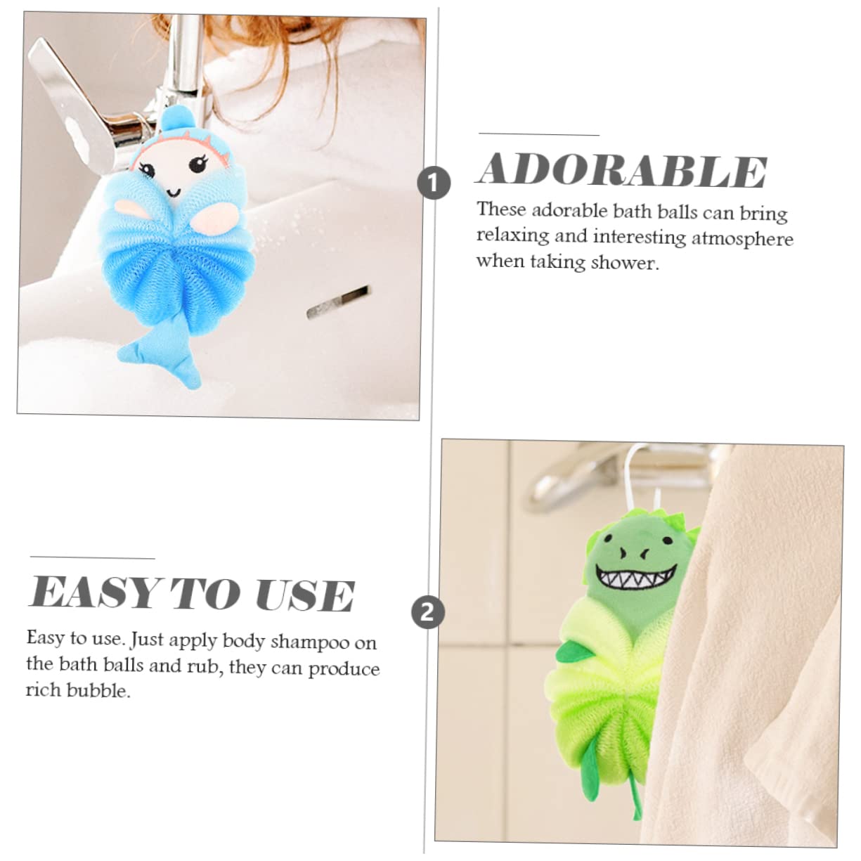 EPIGEIST 4Pcs Cartoon Exfoliating Bath Balls for Soft Loofah Sponge with Fun Designs Unicorn Shark Dinosaur Mermaid for Gentle Skin Cleansing and Bubble