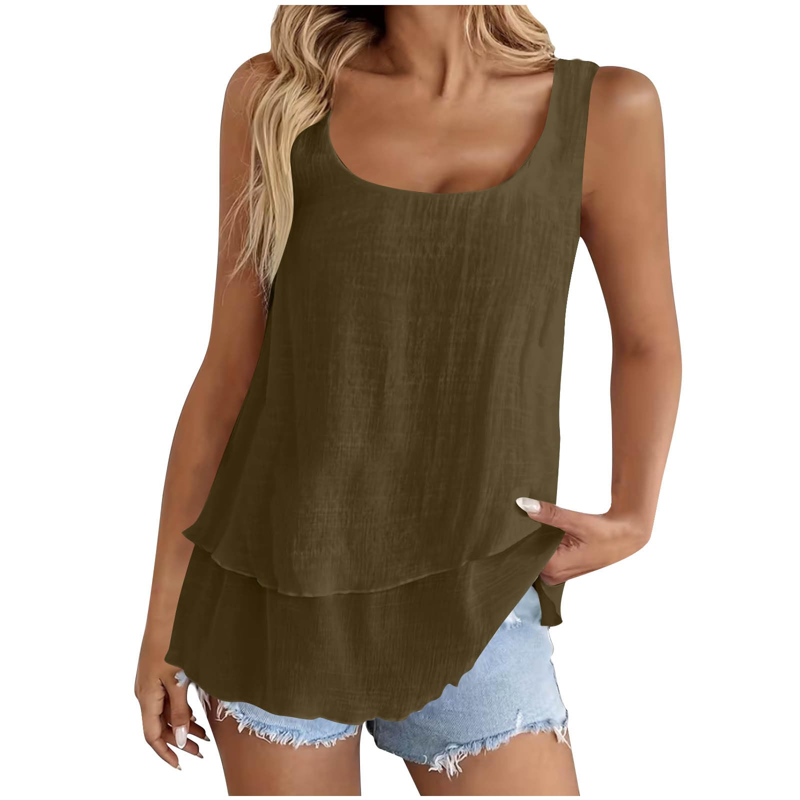 Tank Top Damen Sommer,V-Ausschnitt Doppelter Saum Leinenbluse Elegante Ärmellose Shirts Leinenshirt Baumwolle Einfarbige T-Shirts Basic Blusentop Musselin Tanktops für Urlaub Strand