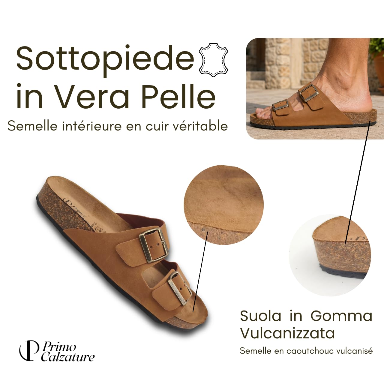Ottime Ciabatte Uomo Aperte in Vera Pelle, Sandali Estivi Doppia Fascia, Vero Made in Italy
