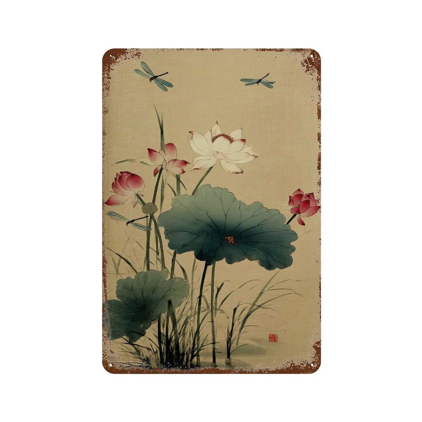 xiaoxiaoshen Lotus Japanese Botanical Dragonfly Nature Oriental Floral Painting Zen Asian Wor Wall Decor Art Metal Tin Poster Modern Home Decor Art Home Bar Shop Decorations Vintage Sign 30x20cm