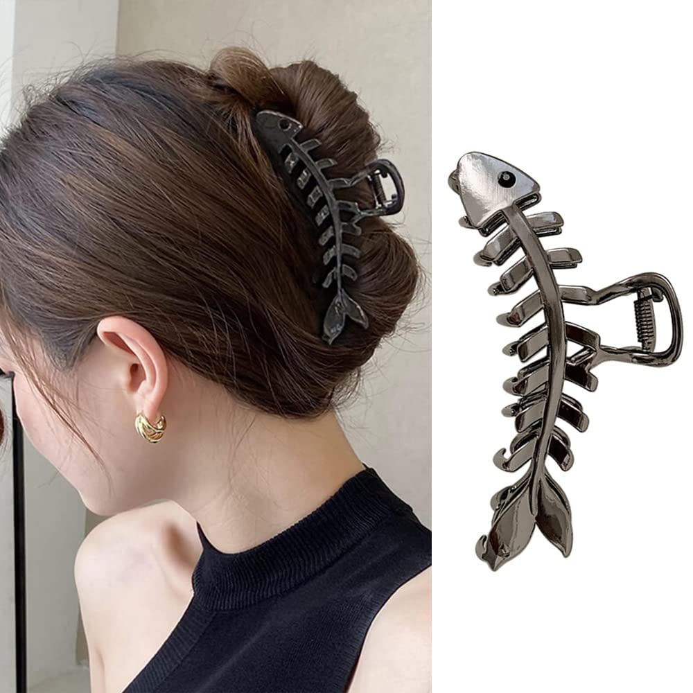 Fish Bone Shape Design Hair Clip, 1 Pcs Metal Hair Claw Clip Black Hairpin Fashion Nonslip Hair Clamps for Women Thick or Thin Hair Decorations