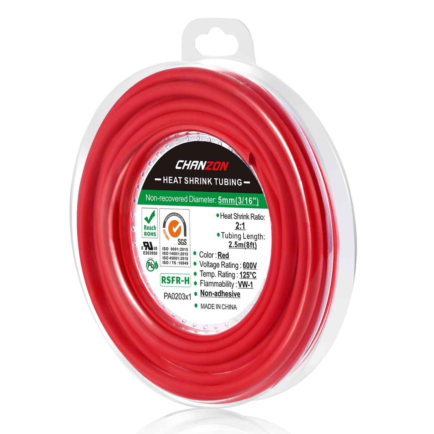 Chanzon 2:1 Ratio 3/16" (5mm) Heat Shrink Tubing 8Ft Roll (2.5M Total Length) Red Polyolefin Sleeving Wrap Shrinking 2 to 1 1pcs
