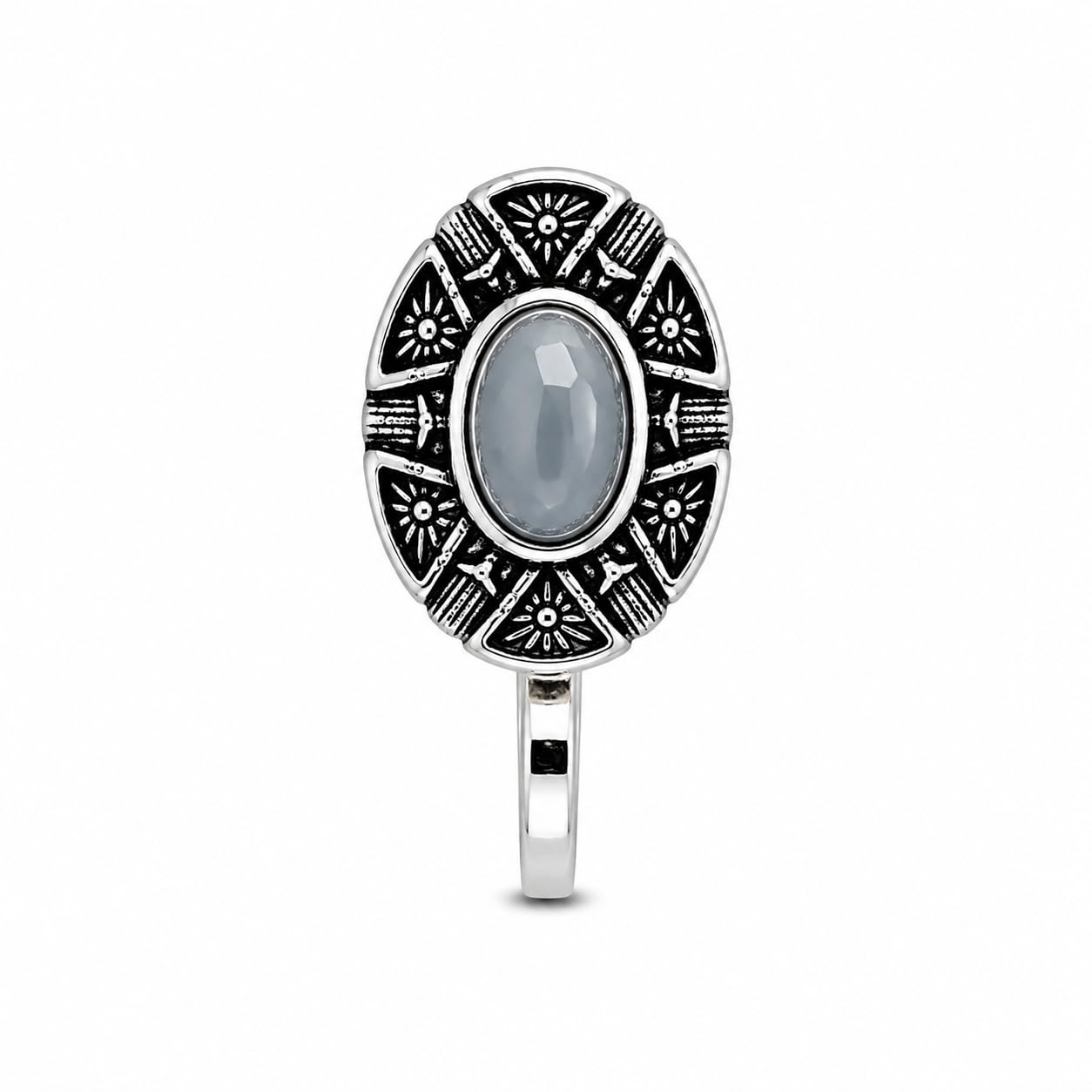 Jewellery Gorgeous Oxidised Silver Finishing White Stone Stud Oval Geometric Floral Shape Nose Pin | Ring | Without Piercing | Adjustable | Nose Ring | Nathiya | Nathani | For Women & Girls-image-7