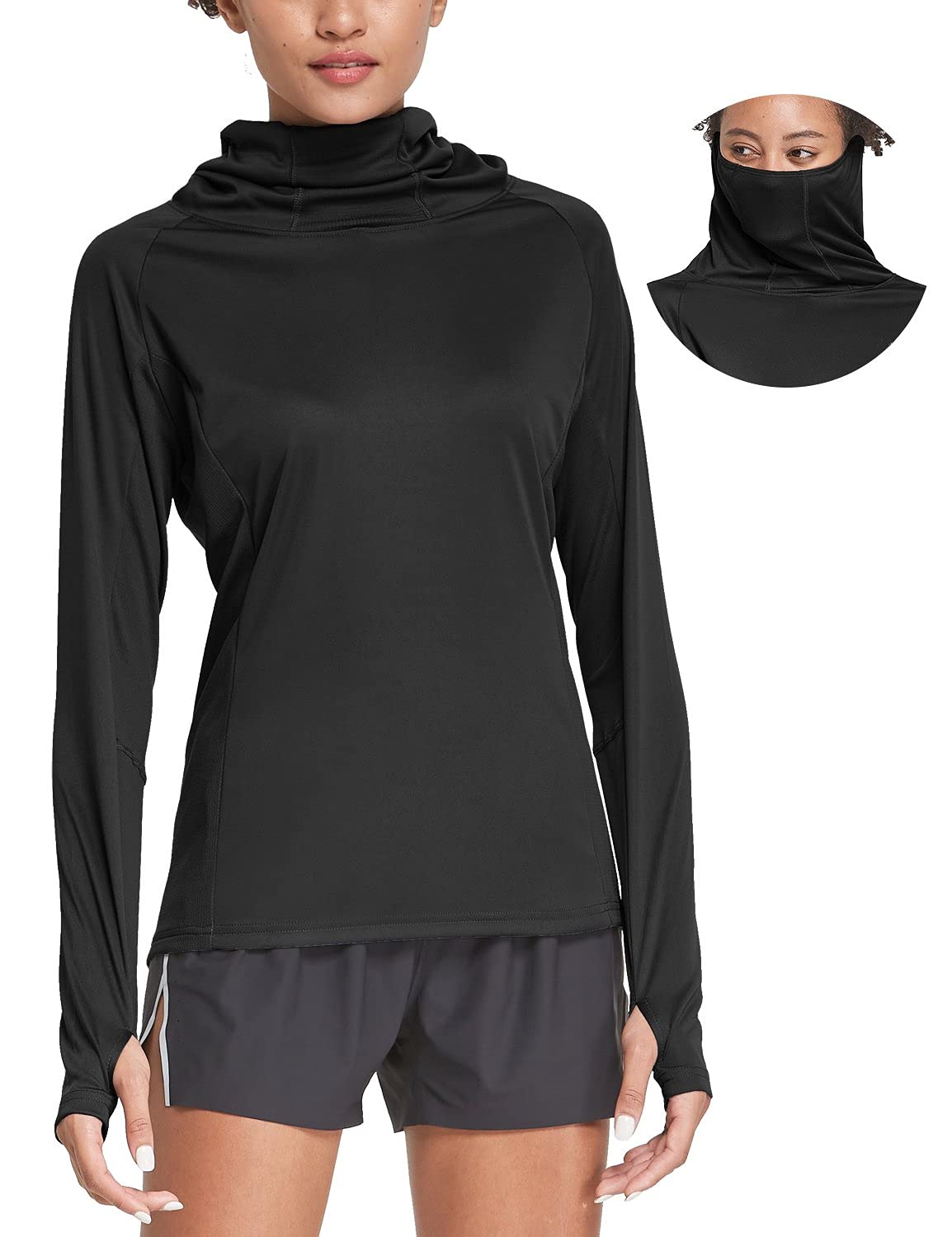 Women's Hiking Long Sleeve Shirts with Face Cover Neck Gaiter UPF 50+ Lightweight Quick Dry SPF Fishing Running Hoddie