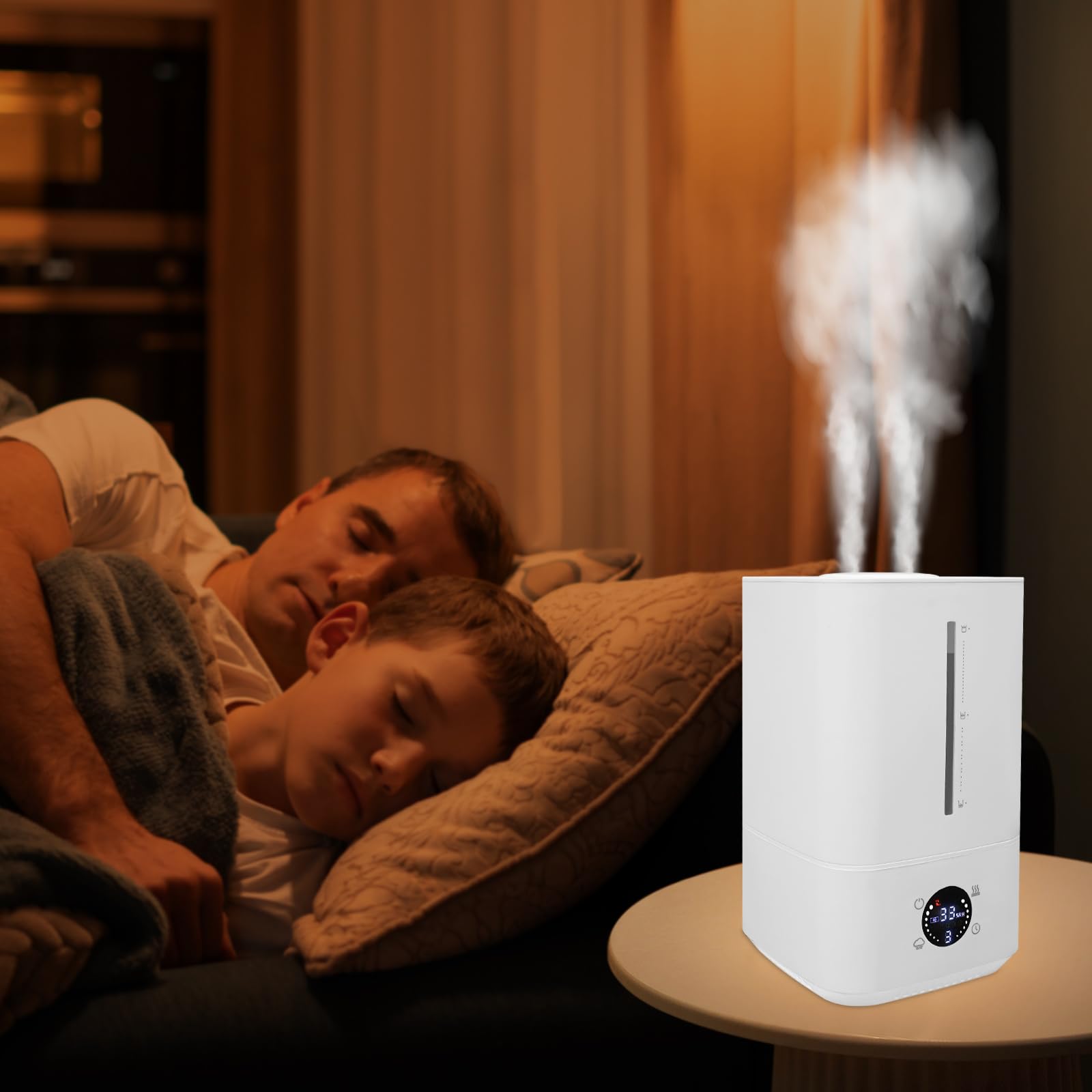 Humidificador de 6 litros de niebla fría y caliente, humidificador para dormitorio con 45 – 90 %, humidificador con control táctil, 3 niveles de niebla, temporizador, boquilla doble de 360°