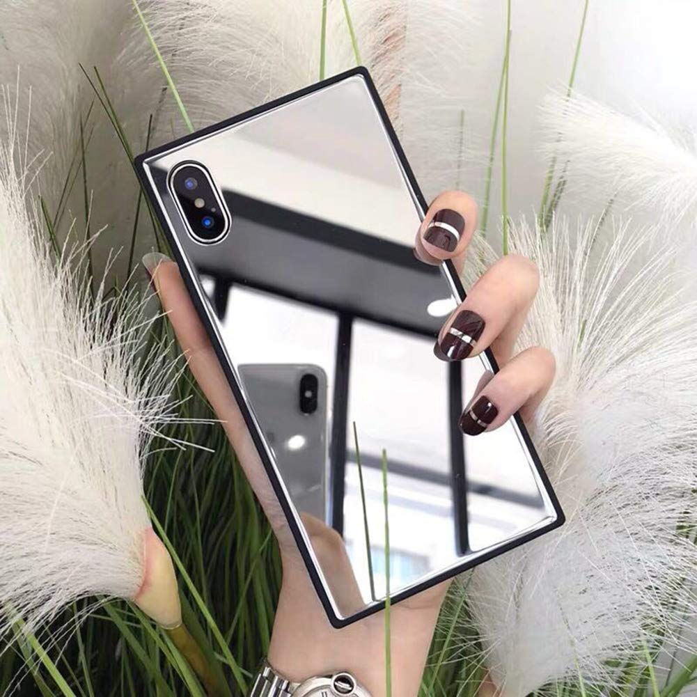 LUVIfor iPhone Xs Max Square Case Makeup Mirror for Women Girls Cute Luxury Glossy Glass Mirror Back Design Cover with Silicone TPU Slim Thin Case for iPhone Xs Max Silver