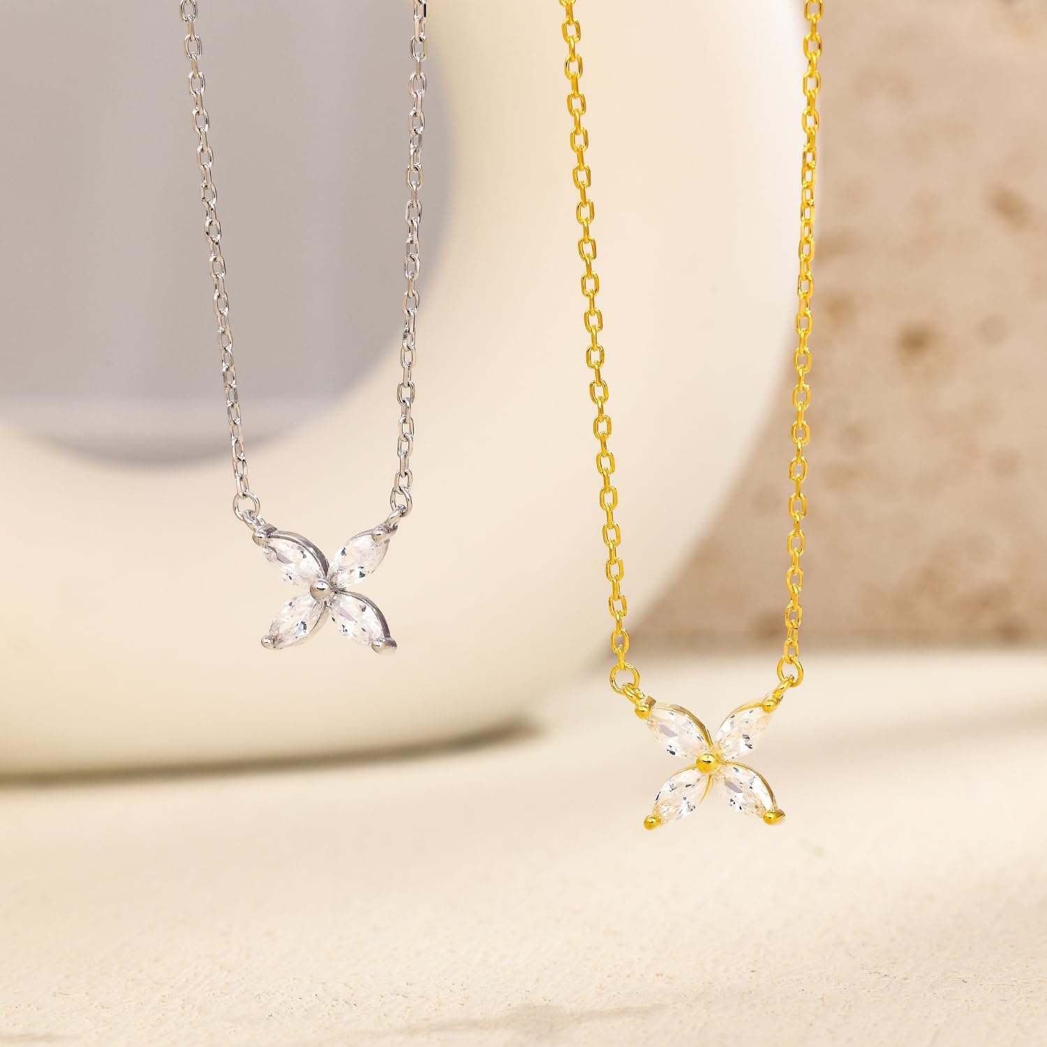 S925 Sterling Silver Necklace for Women Marquise Cubic Zirconia Necklaces 14K Gold Plated 16.5+2" Adjustable Chain Four-Leaf CZ Flower Dainty Floral Pendant Elegant Jewelry - Image 5