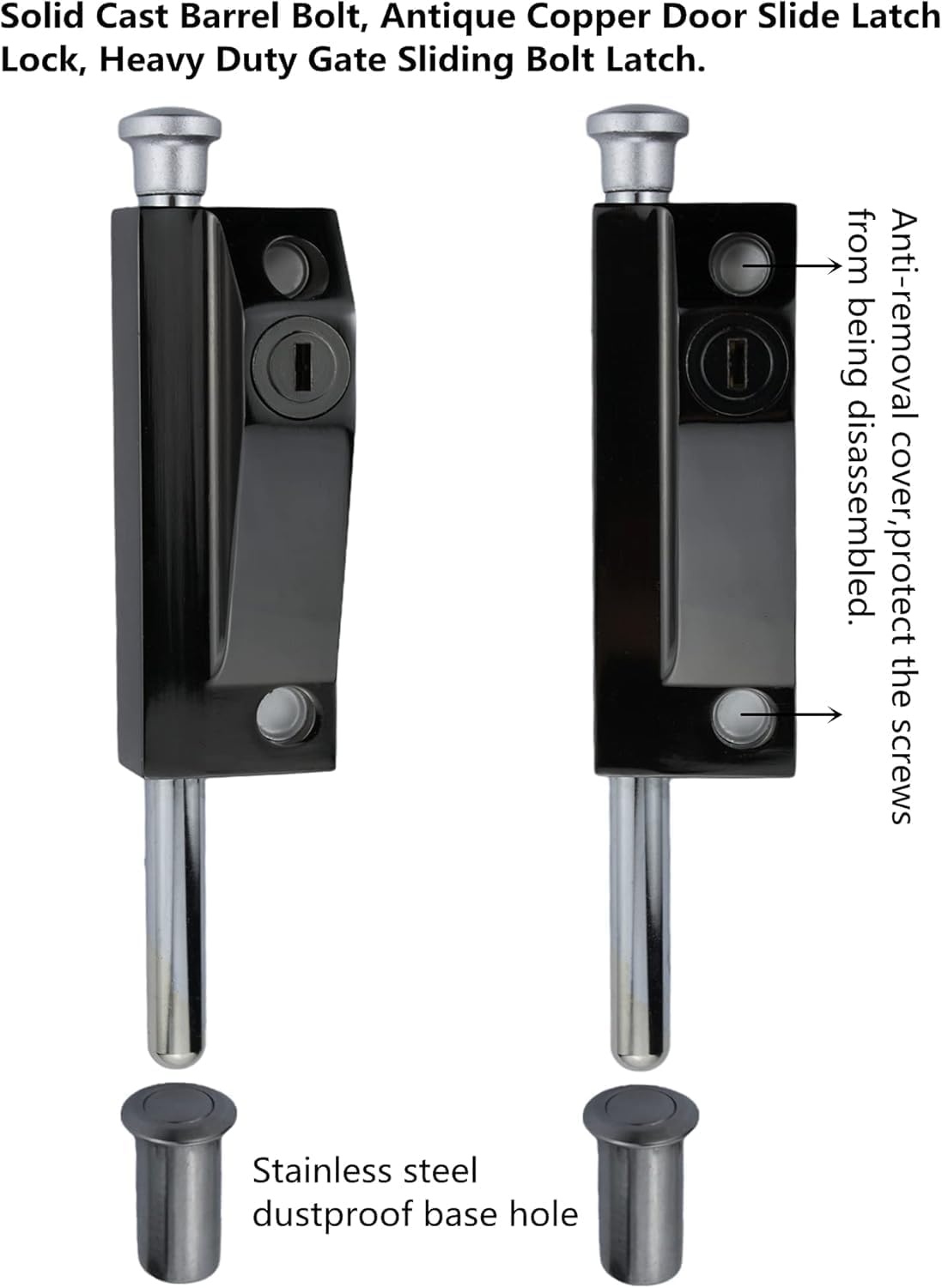Spring Loaded Latch pin7.0'' Heavy Duty Solid Stainless Steel,Cane Bolts for Gates Vertical Latch Wite Keys,Sliding Barrel Bolt Door Lock Door Security Hardware (Black)
