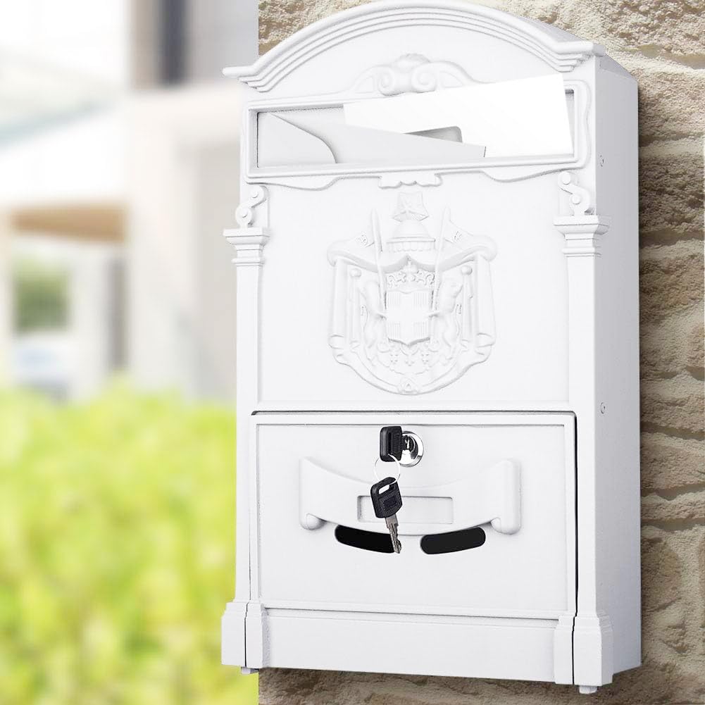 FP-TECH - CASSETTA POSTALE DELLA POSTA DA PARETE GIORNALI CON FINESTRA TARGHETTA SERRATURA CON CILINDRO E COPERTURA (Bianca - 25.5x41.5x9)