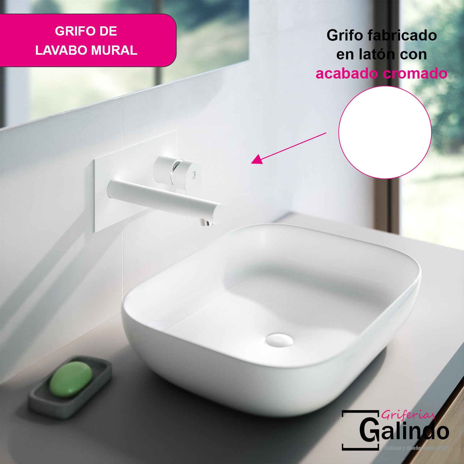 Galindo - Grifo Empotrado Lavabo - Aroha - Mod. 4605611 - Blanco - Monomando para Instalación en Pared - Caudal con Aireador de 12 l/min - Latón Cromado