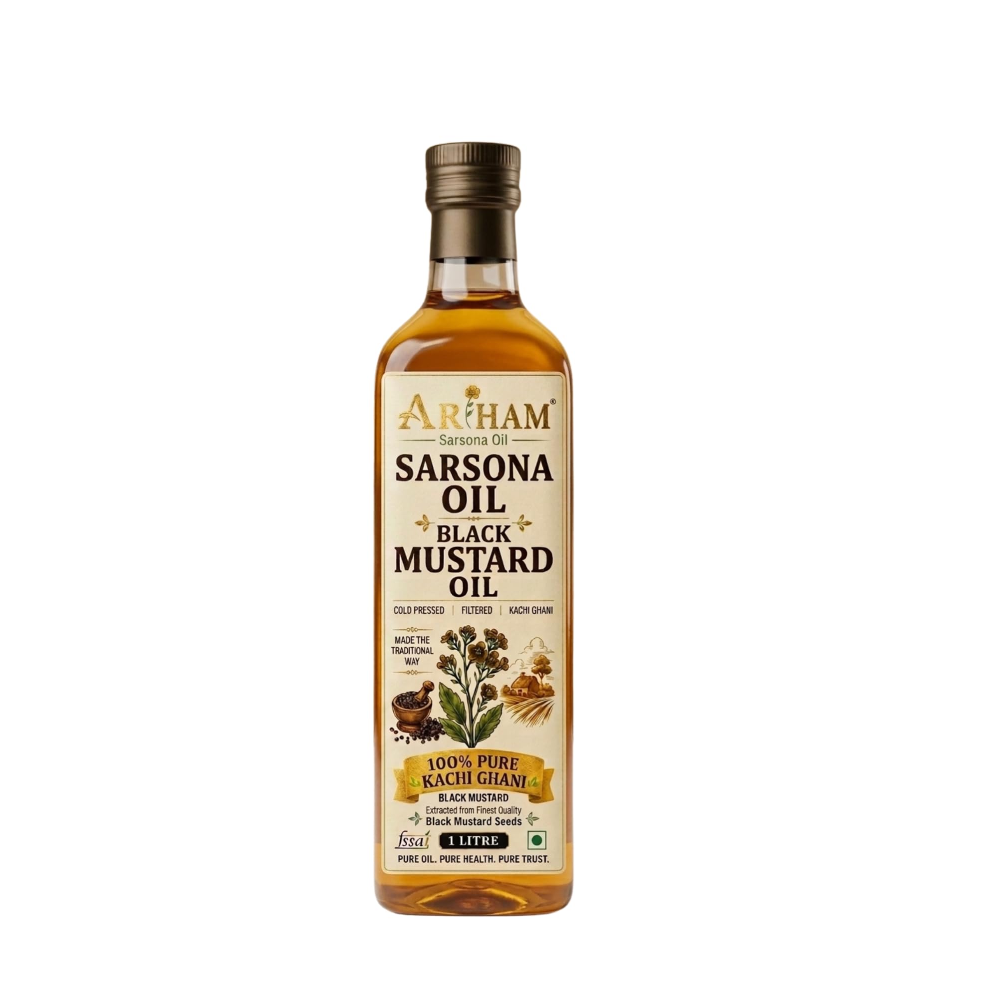 Sarsona Oil Arham Sarsona Black Mustard Oil 1L | Cold Pressed Kachi | Ghani Sarson Ka Tel | 100% Pure, Unrefined, Lab Tested | No Chemicals, No Preservatives | Rich in Omega 3 & 6 | Pack of 1-image-0