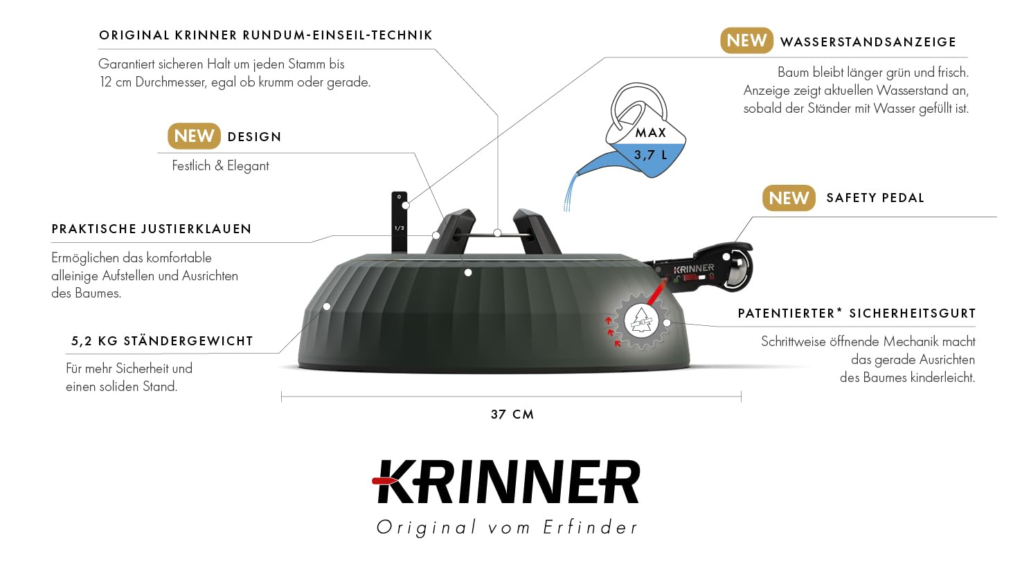 KRINNER® X-Series Deluxe Christbaumständer X-280 Deluxe Weihnachtsbaumständer NEU inkl. Fußpedal mit Sicherungsglocke und 3,7 Liter Wassertank für Baumhöhe bis 2,8m Made IN Germany 94335