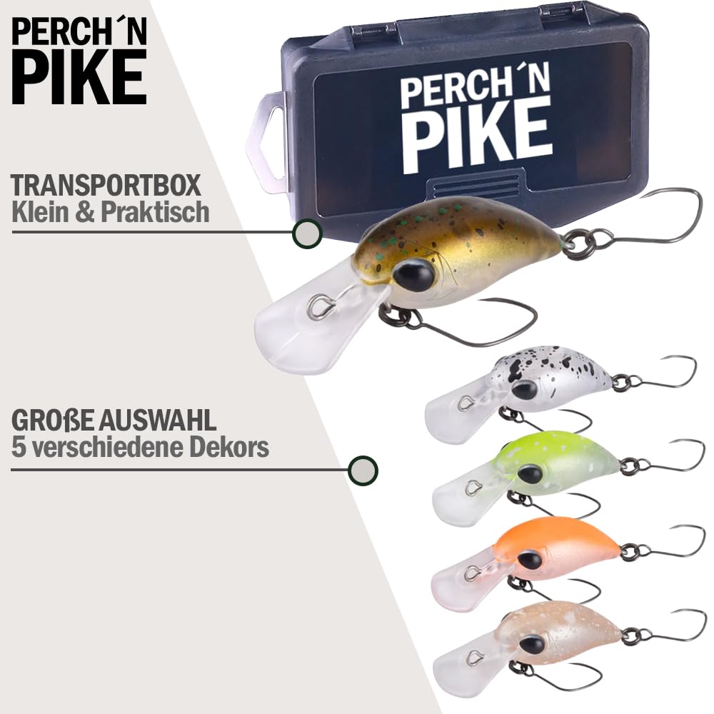 5er Forellenköder Set mit Tackle-Box, 3,2cm I 3,2g auftreibende Mini Wobbler, Kunstköder für Forelle und Barsch, Angelzubehör in verschiedenen Dekoren für Raubfischangler - 3