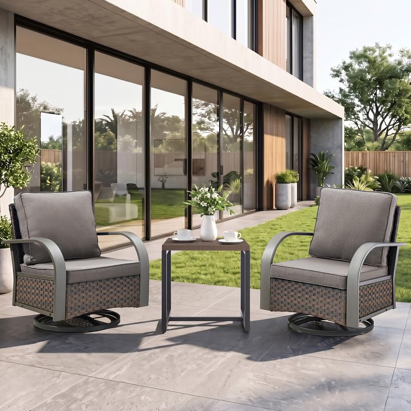 Image of 3 Piece Outdoor Patio Wicker Swivel Rocker Chairs with Table, Grey Cushion | Metal Wide Armrest, Wicker Outdoor Furniture Set, Water-Resistant, Fade-Resistant, Removable Cover, Stain-Resistant