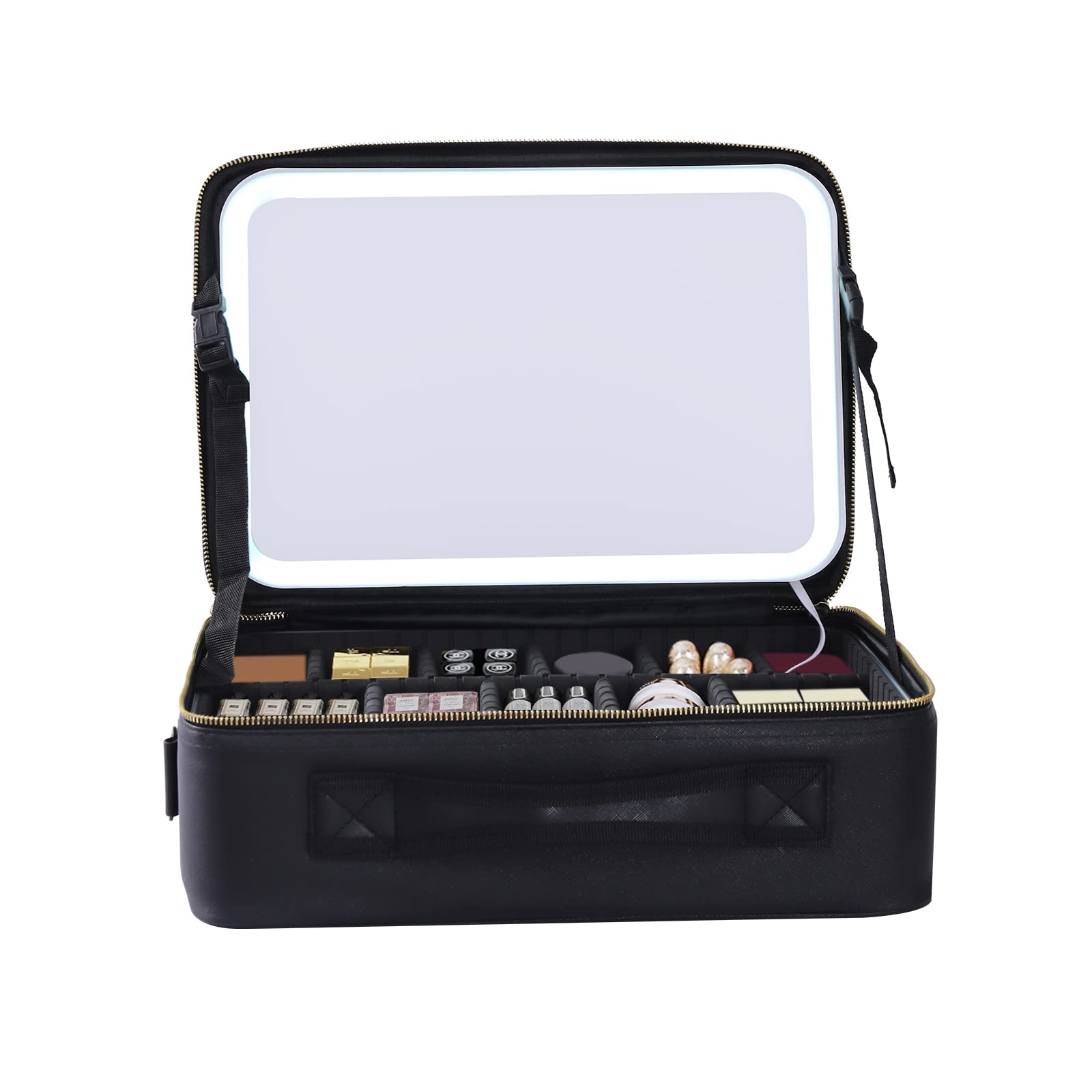 Reise-Makeup-Tasche,Kosmetiktasche Make up Organizer Tasche,3 Farbe Modi einstellbare Helligkeit, wasserdicht PU Leder Makeup Reisekoffer Makeup Zug Tasche,mit Spiegel Tragbar,Schwarz