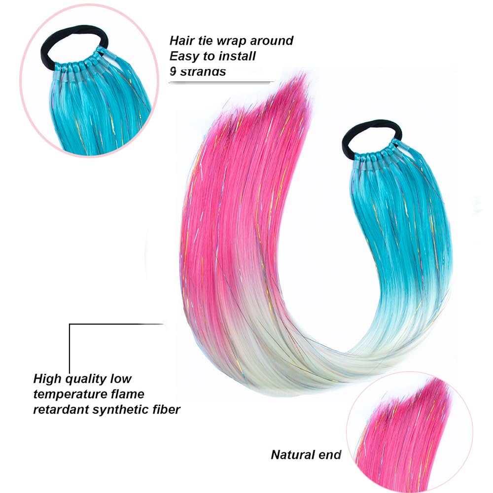 Rainbow Ponytail Extension With Hair Tie Coloured Hair Extension for Braiding Mermaid Glitter Pony Tail Hair piece for Daily Party Costume DIY Braids Blue white pink - Image 3