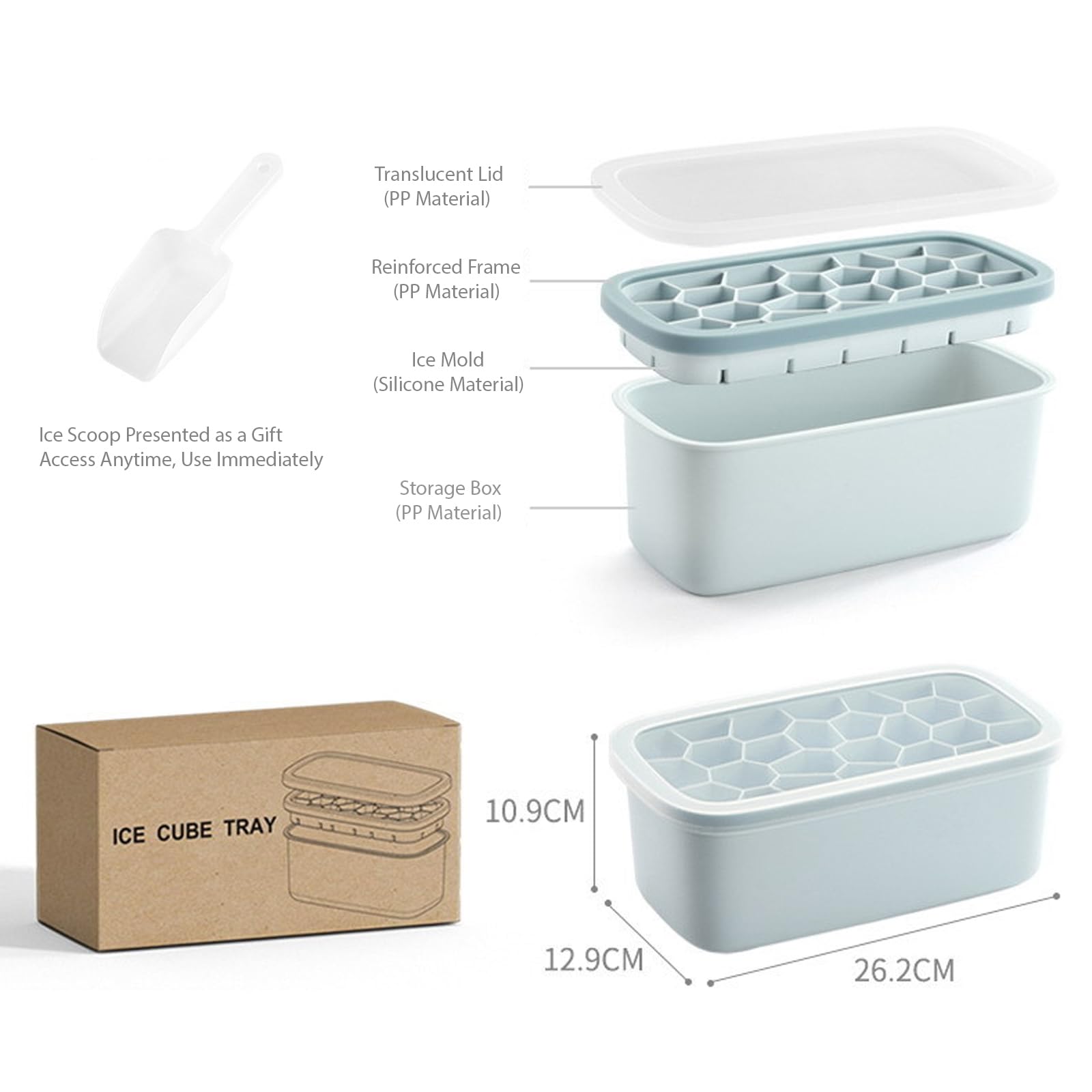 Bandejas grandes para cubitos de hielo con tapa y recipiente, 26 moldes de silicona, apilables, polipropileno y silicona de grado alimenticio, cuchara de hielo gratis para cócteles, café, té